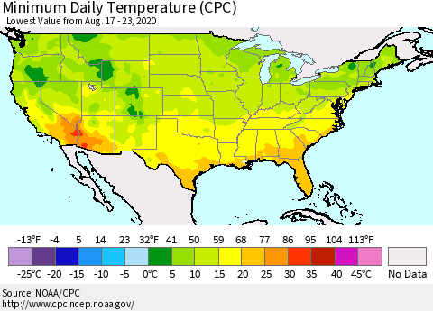 United States Minimum Daily Temperature (CPC) Thematic Map For 8/17/2020 - 8/23/2020