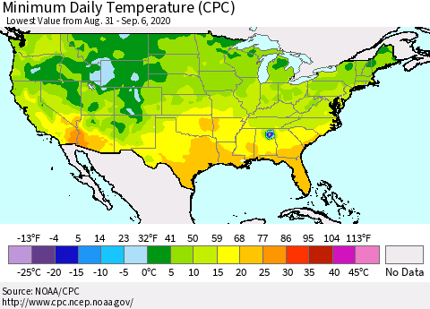 United States Minimum Daily Temperature (CPC) Thematic Map For 8/31/2020 - 9/6/2020