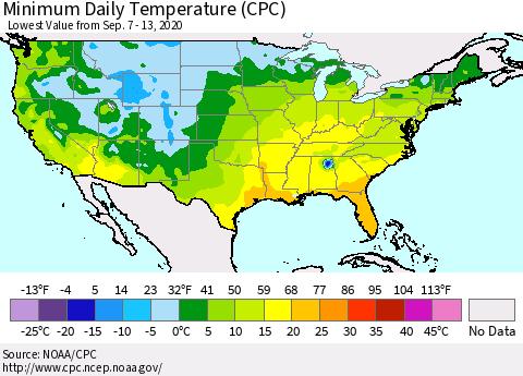 United States Minimum Daily Temperature (CPC) Thematic Map For 9/7/2020 - 9/13/2020
