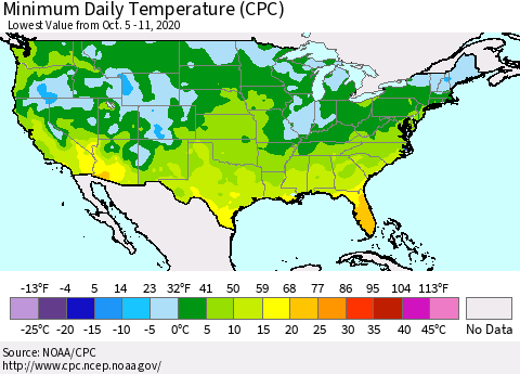 United States Minimum Daily Temperature (CPC) Thematic Map For 10/5/2020 - 10/11/2020