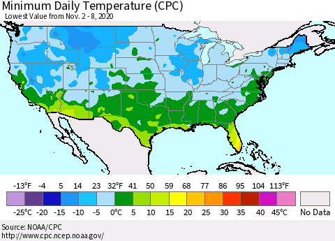 United States Minimum Daily Temperature (CPC) Thematic Map For 11/2/2020 - 11/8/2020