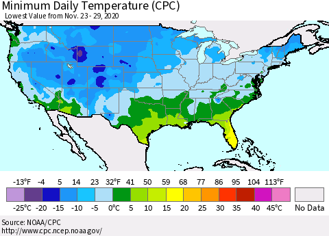 United States Minimum Daily Temperature (CPC) Thematic Map For 11/23/2020 - 11/29/2020