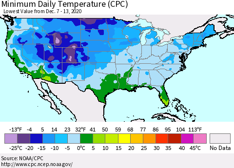 United States Minimum Daily Temperature (CPC) Thematic Map For 12/7/2020 - 12/13/2020