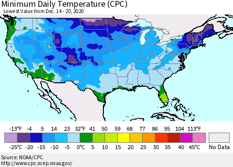 United States Minimum Daily Temperature (CPC) Thematic Map For 12/14/2020 - 12/20/2020