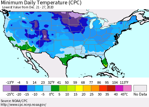 United States Minimum Daily Temperature (CPC) Thematic Map For 12/21/2020 - 12/27/2020