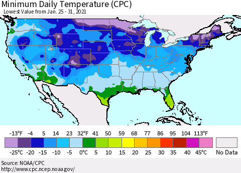 United States Minimum Daily Temperature (CPC) Thematic Map For 1/25/2021 - 1/31/2021