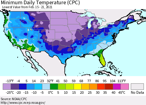 United States Minimum Daily Temperature (CPC) Thematic Map For 2/15/2021 - 2/21/2021