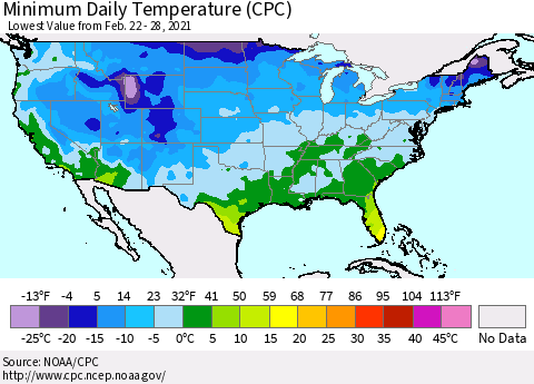 United States Minimum Daily Temperature (CPC) Thematic Map For 2/22/2021 - 2/28/2021