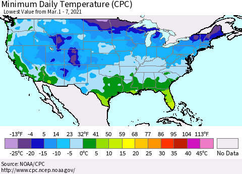 United States Minimum Daily Temperature (CPC) Thematic Map For 3/1/2021 - 3/7/2021