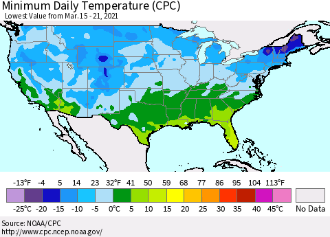 United States Minimum Daily Temperature (CPC) Thematic Map For 3/15/2021 - 3/21/2021