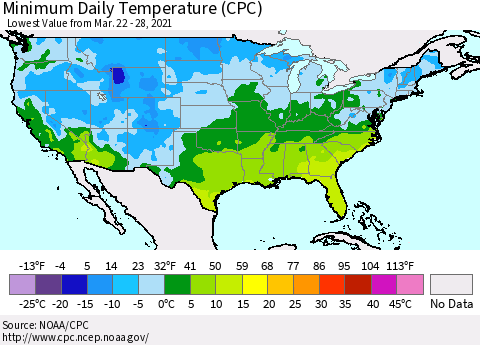 United States Minimum Daily Temperature (CPC) Thematic Map For 3/22/2021 - 3/28/2021