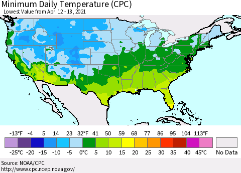 United States Minimum Daily Temperature (CPC) Thematic Map For 4/12/2021 - 4/18/2021