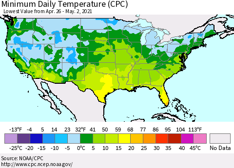 United States Minimum Daily Temperature (CPC) Thematic Map For 4/26/2021 - 5/2/2021