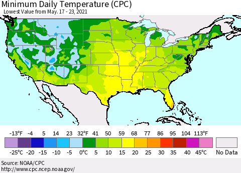 United States Minimum Daily Temperature (CPC) Thematic Map For 5/17/2021 - 5/23/2021