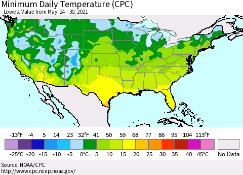 United States Minimum Daily Temperature (CPC) Thematic Map For 5/24/2021 - 5/30/2021