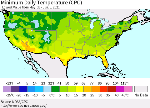 United States Minimum Daily Temperature (CPC) Thematic Map For 5/31/2021 - 6/6/2021