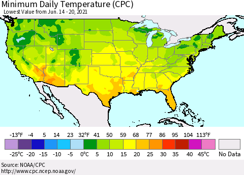 United States Minimum Daily Temperature (CPC) Thematic Map For 6/14/2021 - 6/20/2021