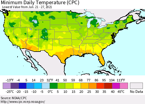 United States Minimum Daily Temperature (CPC) Thematic Map For 6/21/2021 - 6/27/2021