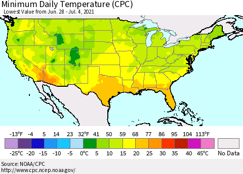 United States Minimum Daily Temperature (CPC) Thematic Map For 6/28/2021 - 7/4/2021