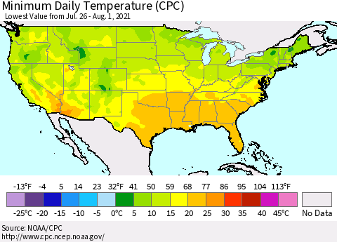United States Minimum Daily Temperature (CPC) Thematic Map For 7/26/2021 - 8/1/2021