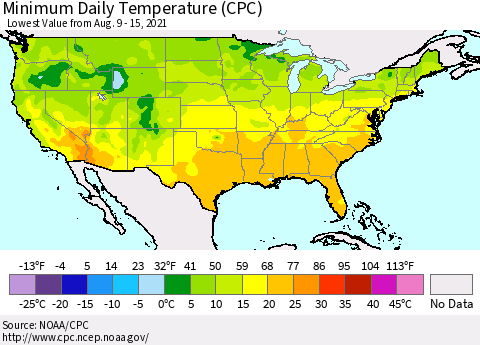 United States Minimum Daily Temperature (CPC) Thematic Map For 8/9/2021 - 8/15/2021