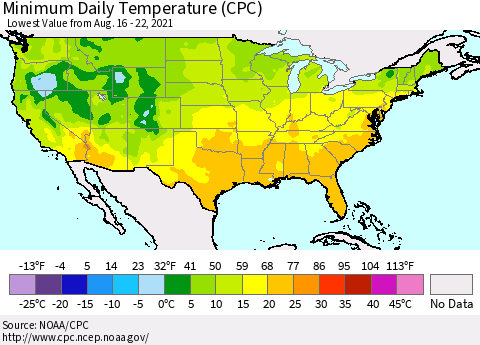 United States Minimum Daily Temperature (CPC) Thematic Map For 8/16/2021 - 8/22/2021