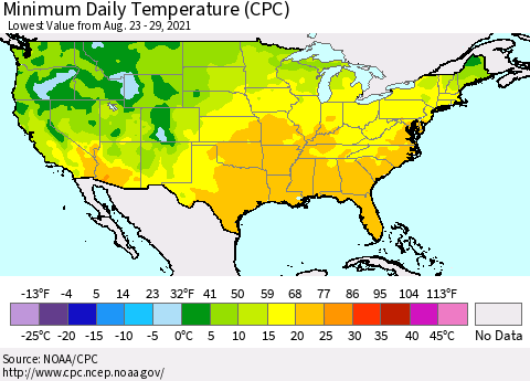 United States Minimum Daily Temperature (CPC) Thematic Map For 8/23/2021 - 8/29/2021