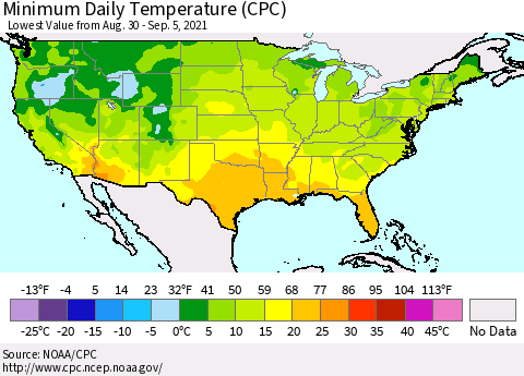 United States Minimum Daily Temperature (CPC) Thematic Map For 8/30/2021 - 9/5/2021