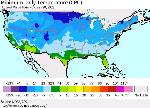 United States Minimum Daily Temperature (CPC) Thematic Map For 11/22/2021 - 11/28/2021