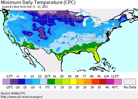 United States Minimum Daily Temperature (CPC) Thematic Map For 12/6/2021 - 12/12/2021