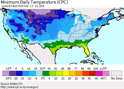 United States Minimum Daily Temperature (CPC) Thematic Map For 12/13/2021 - 12/19/2021