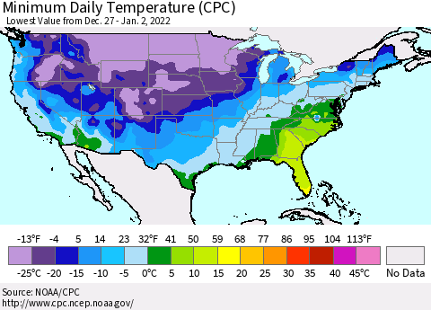 United States Minimum Daily Temperature (CPC) Thematic Map For 12/27/2021 - 1/2/2022
