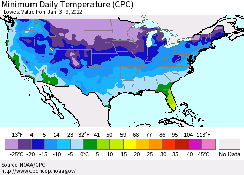 United States Minimum Daily Temperature (CPC) Thematic Map For 1/3/2022 - 1/9/2022