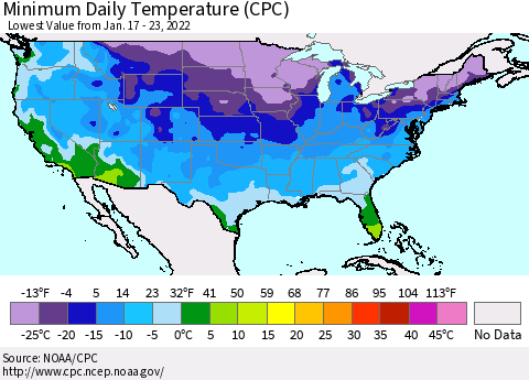 United States Minimum Daily Temperature (CPC) Thematic Map For 1/17/2022 - 1/23/2022
