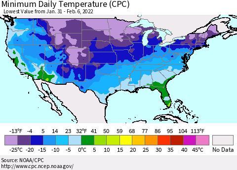 United States Minimum Daily Temperature (CPC) Thematic Map For 1/31/2022 - 2/6/2022