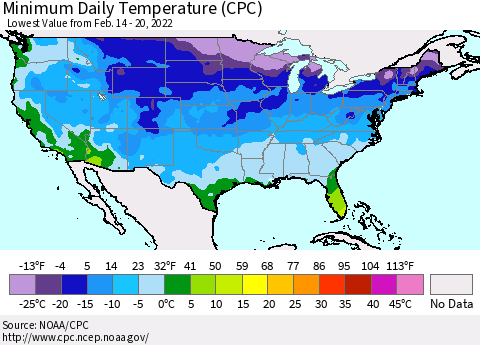 United States Minimum Daily Temperature (CPC) Thematic Map For 2/14/2022 - 2/20/2022