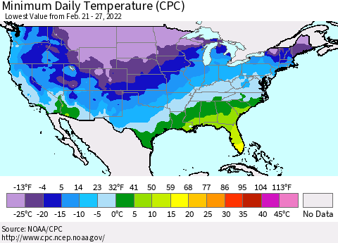 United States Minimum Daily Temperature (CPC) Thematic Map For 2/21/2022 - 2/27/2022