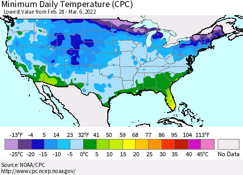 United States Minimum Daily Temperature (CPC) Thematic Map For 2/28/2022 - 3/6/2022