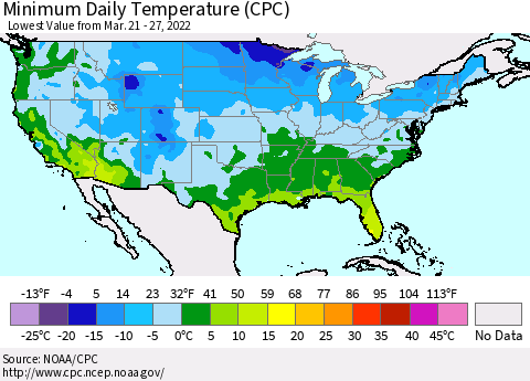 United States Minimum Daily Temperature (CPC) Thematic Map For 3/21/2022 - 3/27/2022
