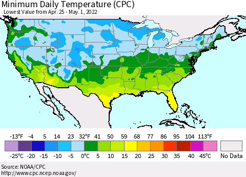 United States Minimum Daily Temperature (CPC) Thematic Map For 4/25/2022 - 5/1/2022