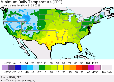 United States Minimum Daily Temperature (CPC) Thematic Map For 5/9/2022 - 5/15/2022