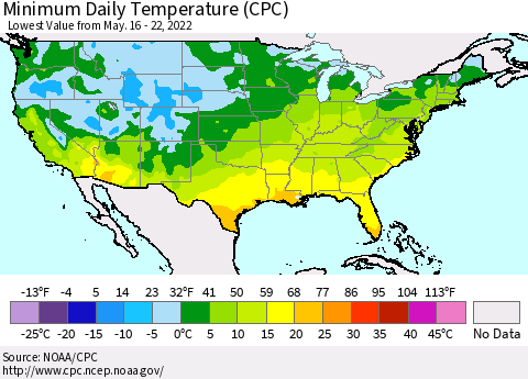 United States Minimum Daily Temperature (CPC) Thematic Map For 5/16/2022 - 5/22/2022