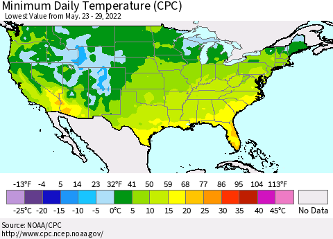 United States Minimum Daily Temperature (CPC) Thematic Map For 5/23/2022 - 5/29/2022