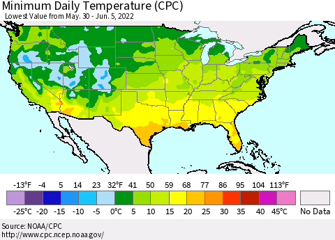 United States Minimum Daily Temperature (CPC) Thematic Map For 5/30/2022 - 6/5/2022