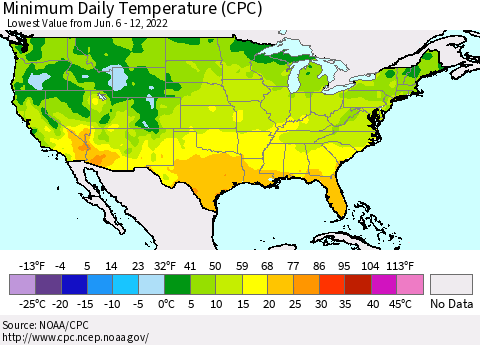 United States Minimum Daily Temperature (CPC) Thematic Map For 6/6/2022 - 6/12/2022
