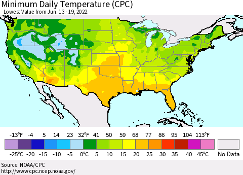 United States Minimum Daily Temperature (CPC) Thematic Map For 6/13/2022 - 6/19/2022