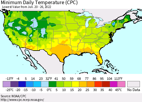 United States Minimum Daily Temperature (CPC) Thematic Map For 6/20/2022 - 6/26/2022