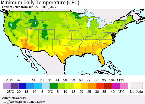United States Minimum Daily Temperature (CPC) Thematic Map For 6/27/2022 - 7/3/2022