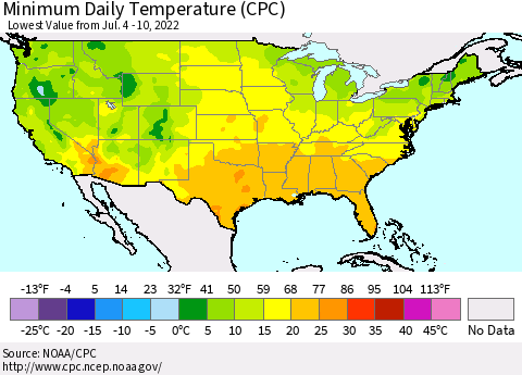 United States Minimum Daily Temperature (CPC) Thematic Map For 7/4/2022 - 7/10/2022