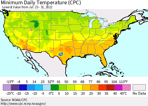United States Minimum Daily Temperature (CPC) Thematic Map For 7/25/2022 - 7/31/2022